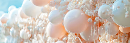 A wedding ceremony is beautifully adorned with elegant white and pastel balloons, creating a warm and inviting atmosphere for guests.の素材