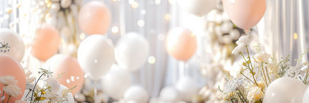 White and pastel balloons create a charming atmosphere at a wedding ceremony, complemented by delicate floral arrangements and soft lighting.の素材