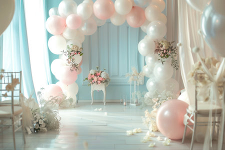 The ceremony space is adorned with delicate white and pastel balloons, setting a romantic ambiance for the special wedding event.の素材
