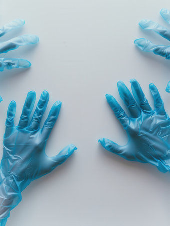 A set of sterile medical gloves laid out on a clean white surface, emphasizing their use in maintaining hygiene and safety.の素材