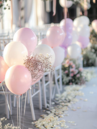 White and pastel balloons create a charming decoration for a wedding ceremony, with soft flowers lining the aisle and delicate ambiance.の素材