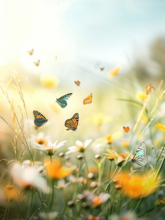 Butterflies dance gracefully among vibrant wildflowers in a sunlit meadow, showing nature's beauty and tranquility.の素材