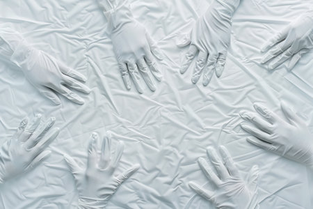 Multiple pairs of sterile medical gloves are positioned on a clean white background, ready for use in healthcare settings.の素材