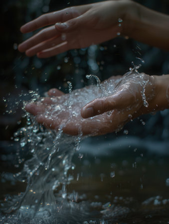 Hands are being thoroughly washed under a soft stream of water, emphasizing the significance of maintaining proper hygiene and cleanliness.の素材