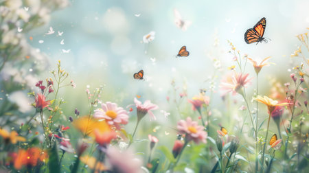 Butterflies flutter above a lively meadow, surrounded by an array of colorful flowers under a bright and cheerful sky.の素材