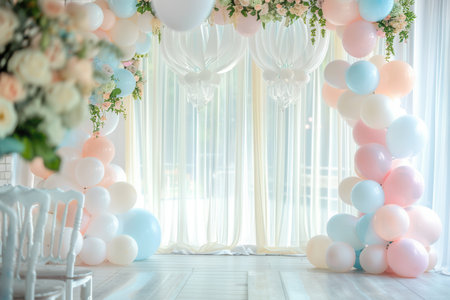 An enchanting arrangement of white and pastel balloons enhances the wedding ceremony space, providing a charming backdrop for guests.の素材
