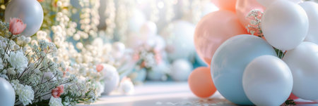 Delicate white and pastel balloons enhance the festive atmosphere of a beautiful wedding ceremony surrounded by floral arrangements.の素材