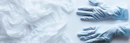 A pair of sterile medical gloves positioned on a white surface, ready for use in clinical procedures and hygiene practices.の素材