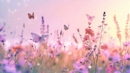 Butterflies flutter gracefully amongst a variety of blooming flowers in a colorful meadow, creating a lively springtime atmosphere.の素材