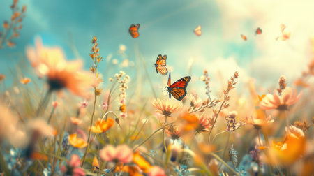 Bright meadow flowers bloom while butterflies dance around, creating a lively and serene atmosphere on a sunny day.の素材