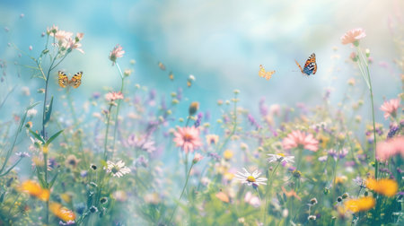Colorful butterflies dance playfully around blooming meadow flowers, bringing life to a sunny spring landscape.の素材