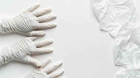A pair of sterile medical gloves rests on a clean white background, ready for use in surgical or clinical environments.の素材