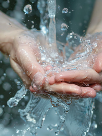 Two hands are being washed under a clear stream of water, highlighting the importance of cleanliness in a calm outdoor environment.の素材