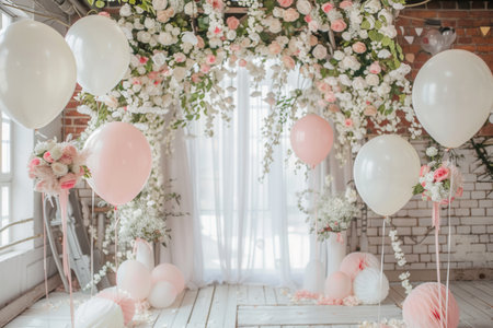 White and pastel balloons beautifully enhance a wedding ceremony decorated with flowers, creating a romantic indoor atmosphere.の素材