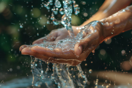 Hands are being thoroughly washed under a steady stream of clean water amidst a lush, vibrant background during the day.の素材