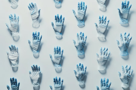 A variety of sterile medical gloves are organized on a plain white surface, emphasizing cleanliness and readiness for medical tasks.の素材