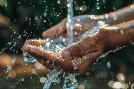 Water flows over hands in a natural environment, highlighting the importance of hygiene and cleanliness during outdoor activities.の素材
