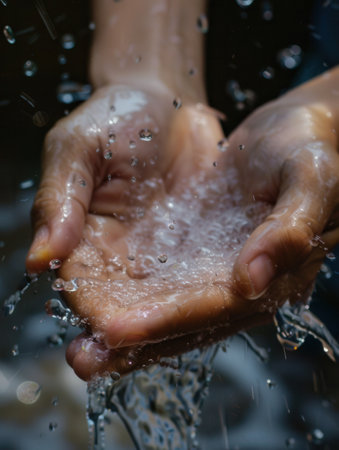 Water flows over hands as they are washed, emphasizing cleanliness and the importance of good hygiene practices in everyday life.の素材