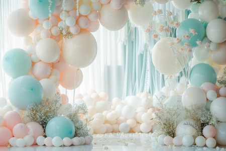 Delicate white and pastel balloons gracefully adorn the venue, enhancing the elegance of the wedding ceremony setting.の素材
