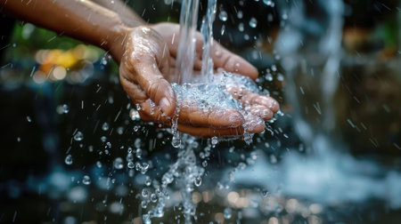 Water flows over hands in a cleansing ritual, emphasizing the significance of cleanliness and hygiene practices in daily routines.の素材