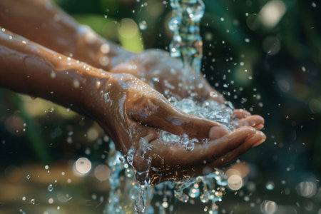 Hands are thoroughly washed under a flowing stream of water, highlighting the importance of hygiene in a serene outdoor environment.の素材