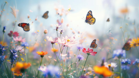 Butterflies gracefully flutter around a lively meadow rich with diverse flowers, creating a picturesque scene of nature in bloom.の素材