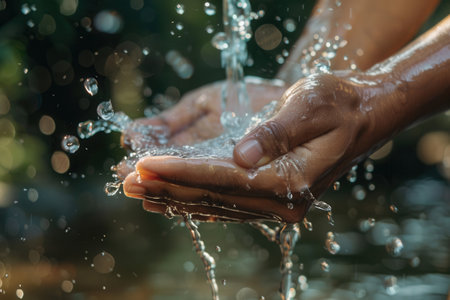 Water flows over hands as they are washed in a beautiful natural environment filled with light and reflections.の素材