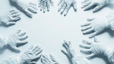 A variety of sterile medical gloves are laid out in a circular formation on a white surface, symbolizing cleanliness and preparedness.の素材