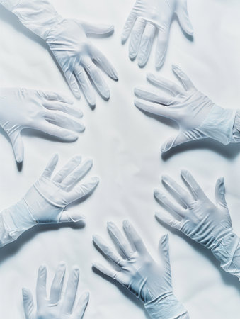 A collection of sterile medical gloves is displayed in a circular layout against a white background, showing readiness for healthcare activities.の素材