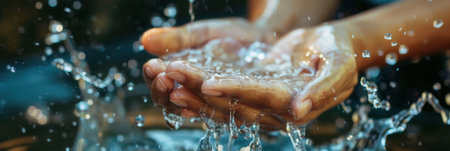 Water cascades over hands as they are washed, emphasizing the vital practice of hand hygiene in a clean and bright environment.の素材