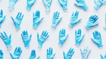 Multiple pairs of sterile medical gloves are neatly arranged on a white background, ready for use in clinical settings.の素材