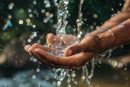 Two hands are cleansing under a gentle stream of water surrounded by a bright, natural environment on a sunny day.の素材