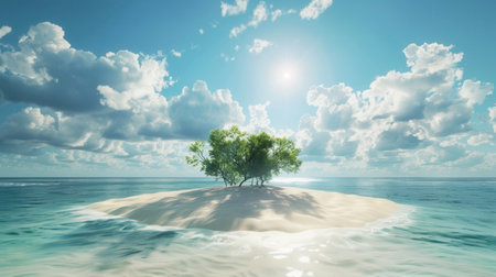 This stunning tropical island features fine white sand, vibrant turquoise waters, and lush greenery under a beautiful blue sky.の素材