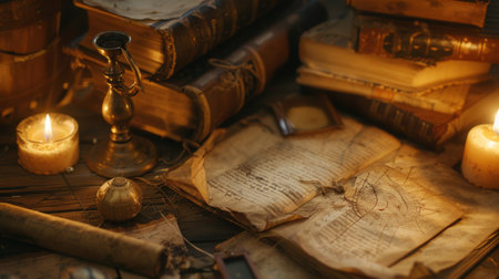 A collection of ancient books and scrolls lies open on a wooden table, illuminated by flickering candlelight, creating a historical ambiance.の素材