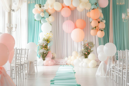 A stunning wedding ceremony features elegant white and pastel balloons, creating a romantic atmosphere for the joyous occasion.の素材