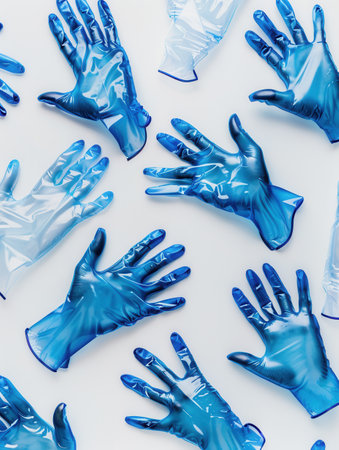 A collection of sterile medical gloves in various shades of blue placed on a white surface, ready for healthcare tasks and safety.の素材