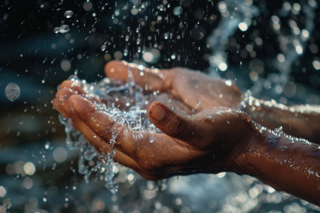 Hands are thoroughly washed under a stream of clear water, highlighting the significance of maintaining proper hygiene practices.の素材