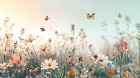 Butterflies flutter gracefully among blooming meadow flowers under a bright, sunny sky, creating a lively summer atmosphere.の素材