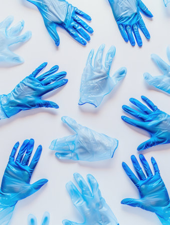 A collection of sterile medical gloves displayed flat against a white background, highlighting their use in hygiene and safety.の素材