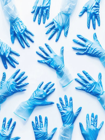 Sterile medical gloves displayed in various positions on a white background, emphasizing hygiene and preparation for medical procedures.の素材