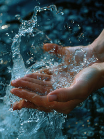 Two hands are being rinsed under a stream of clear water, highlighting the importance of hygiene and fresh sensations.の素材