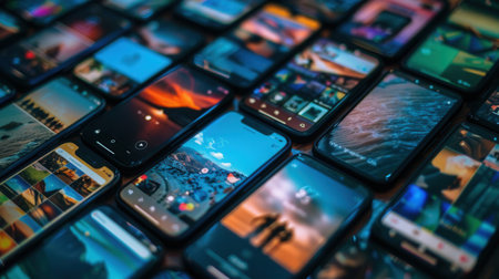 A collection of smartphone screens showcases captivating short videos and playing stories in a lively and colorful arrangement.の素材