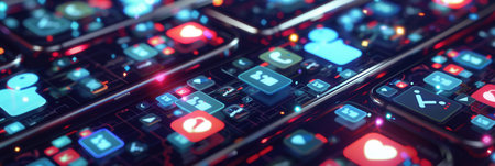 Users engage with social media as smartphone screens glow with vibrant icons, highlighting comments and likes during a casual evening.の素材