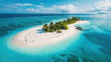 A peaceful retreat awaits on a secluded island boasting soft white sand and crystal-clear turquoise waters, inviting relaxation and adventure.の素材