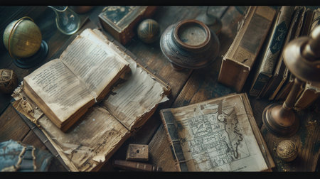 A collection of ancient books, scrolls, and artifacts rests on a weathered wooden table, highlighting their historical significance.の素材