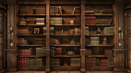 The wooden shelves are lined with textbooks and academic literature, creating a warm atmosphere perfect for studying or research.の素材