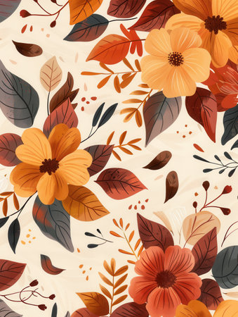 A collection of autumn leaves and flowers in warm hues showcases the beauty of the fall season, inviting a sense of warmth and comfort.の素材