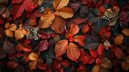 Colorful autumn leaves and flowers in warm tones blanket the ground, capturing the essence of fall's beauty and tranquility.の素材