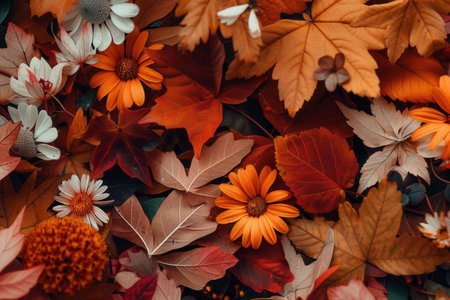 A tapestry of autumn leaves and blooming flowers in warm hues covers the ground, showing the beauty of fall's transition.の素材