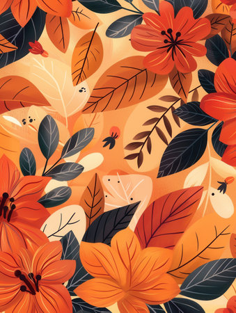 A rich tapestry of autumn leaves and blooming flowers showcases warm hues, embodying the essence of the fall season.の素材